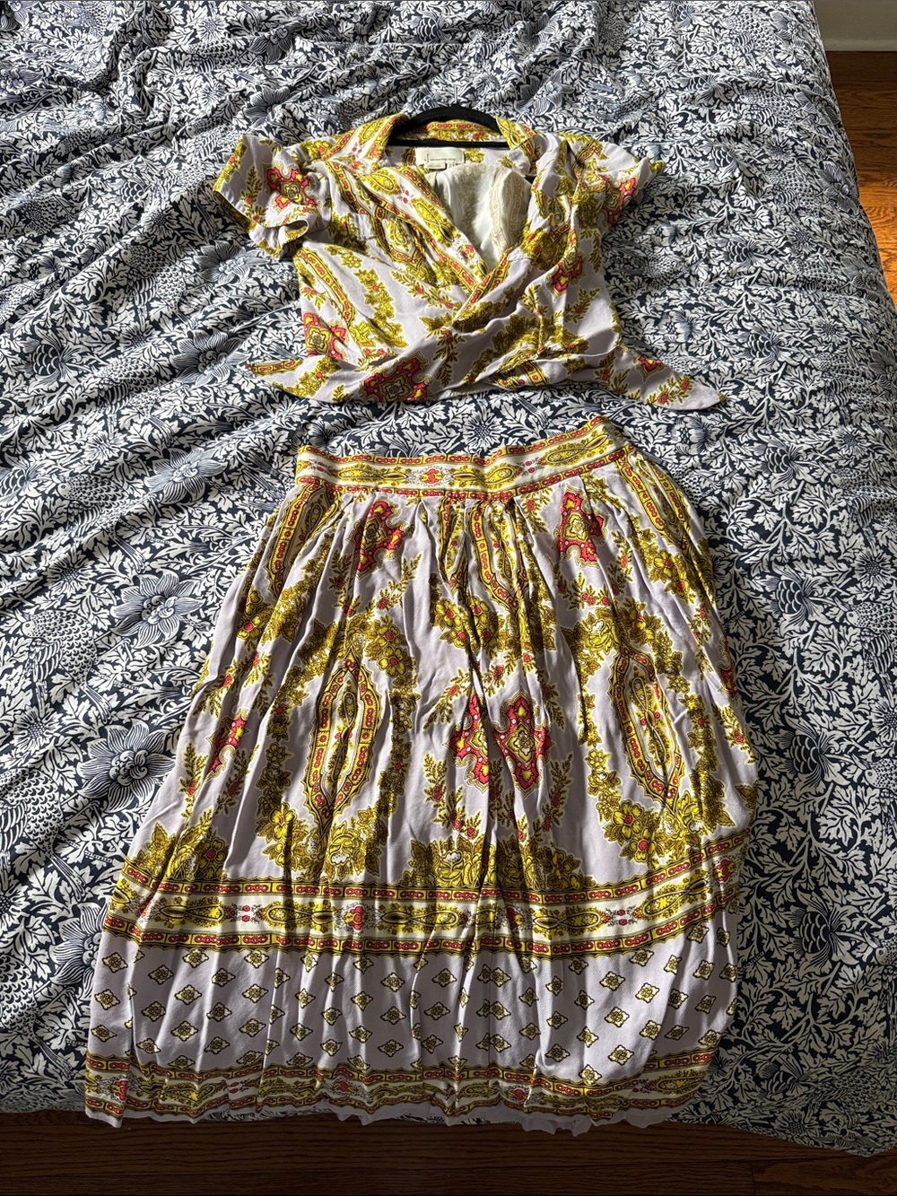 Anthropologie White Skirt Set with Yellow & Red Paisley Print